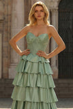 Green Sweetheart Satin Tiered Beaded Corset Long Prom Dress with Slit