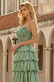 Green Sweetheart Satin Tiered Beaded Corset Long Prom Dress with Slit