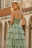 Green Sweetheart Satin Tiered Beaded Corset Long Prom Dress with Slit