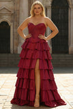 Sweetheart Burgundy Corset Satin Tiered Ruffle A Line Plus Size Long Prom Dress with Slit