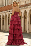 Sweetheart Burgundy Corset Satin Tiered Ruffle A Line Plus Size Long Prom Dress with Slit