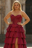 Sweetheart Burgundy Corset Satin Tiered Ruffle A Line Plus Size Long Prom Dress with Slit