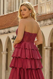 Sweetheart Burgundy Corset Satin Tiered Ruffle A Line Plus Size Long Prom Dress with Slit