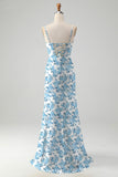 Blue Flower A-Line Cowl Neck Printed Floor Length Dress With Slit