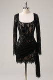 Square Neck Corset Ruched Backless Little Black Dress with Long Sleeves