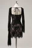Square Neck Corset Ruched Backless Little Black Dress with Long Sleeves