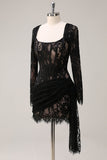 Square Neck Corset Ruched Backless Little Black Dress with Long Sleeves