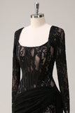 Square Neck Corset Ruched Backless Little Black Dress with Long Sleeves