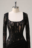 Square Neck Corset Ruched Backless Little Black Dress with Long Sleeves