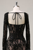 Square Neck Corset Ruched Backless Little Black Dress with Long Sleeves