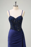 Navy Mermaid Ruched Streamer Long Prom Dress with Appliques