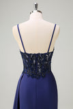 Navy Mermaid Ruched Streamer Long Prom Dress with Appliques