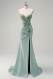Purple Mermaid Spaghetti Straps Corset Sequin Long Prom Dress with Slit