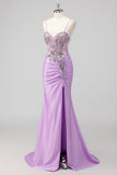 Purple Mermaid Spaghetti Straps Corset Sequin Long Prom Dress with Slit