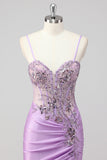 Purple Mermaid Spaghetti Straps Corset Sequin Long Prom Dress with Slit