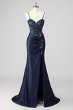 Purple Mermaid Spaghetti Straps Corset Sequin Long Prom Dress with Slit