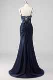 Purple Mermaid Spaghetti Straps Corset Sequin Long Prom Dress with Slit