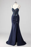 Purple Mermaid Spaghetti Straps Corset Sequin Long Prom Dress with Slit