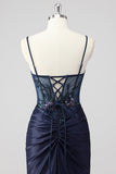 Purple Mermaid Spaghetti Straps Corset Sequin Long Prom Dress with Slit