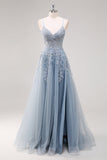 A-Line Spaghetti Straps Tulle Beaded Lavender Long Prom Dress with Slit