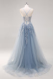 A-Line Spaghetti Straps Tulle Beaded Lavender Long Prom Dress with Slit