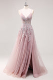 A-Line Spaghetti Straps Tulle Beaded Lavender Long Prom Dress with Slit