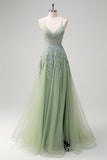 A-Line Spaghetti Straps Tulle Beaded Lavender Long Prom Dress with Slit