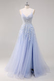 A-Line Spaghetti Straps Tulle Beaded Lavender Long Prom Dress with Slit