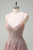 Blush A Line Lace Up Back Beaded Appliqued Long Prom Dress with Slit