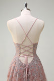 Blush A Line Lace Up Back Beaded Appliqued Long Prom Dress with Slit