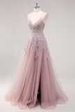 A-Line Spaghetti Straps Tulle Beaded Lavender Long Prom Dress with Slit