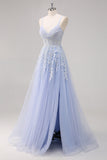 Lavender A Line Spaghetti Straps Beaded Tulle Long Prom Dress with Slit