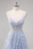 A-Line Spaghetti Straps Tulle Beaded Lavender Long Prom Dress with Slit