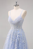 A-Line Spaghetti Straps Tulle Beaded Lavender Long Prom Dress with Slit