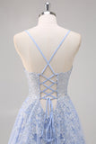A-Line Spaghetti Straps Tulle Beaded Lavender Long Prom Dress with Slit