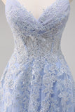 A-Line Spaghetti Straps Tulle Beaded Lavender Long Prom Dress with Slit