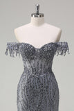 Sparkly Grey Blue Off the Shoulder Mermaid Long Prom Dress with Slit