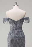 Sparkly Grey Blue Off the Shoulder Mermaid Long Prom Dress with Slit