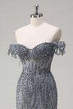 Sparkly Grey Blue Off the Shoulder Mermaid Long Prom Dress with Slit