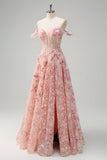 Pink A-Line Off The Shoulder Corset Floral Long Prom Dress with Slit