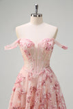 Pink A-Line Off The Shoulder Corset Floral Long Prom Dress with Slit