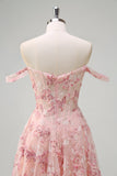 Pink A-Line Off The Shoulder Corset Floral Long Prom Dress with Slit