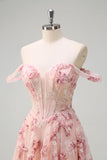 Pink A-Line Off The Shoulder Corset Floral Long Prom Dress with Slit