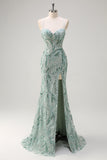 Sparkly Sage Spaghetti Straps Mermaid Sequin Long Prom Dress with Slit