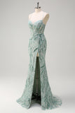 Sparkly Sage Spaghetti Straps Mermaid Sequin Long Prom Dress with Slit
