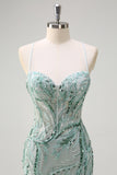 Sparkly Sage Spaghetti Straps Mermaid Sequin Long Prom Dress with Slit