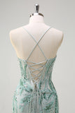 Sparkly Sage Spaghetti Straps Mermaid Sequin Long Prom Dress with Slit