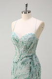 Sparkly Sage Spaghetti Straps Mermaid Sequin Long Prom Dress with Slit
