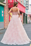 Pink Princess Strapless Floral Corset Long Prom Dress With Sequins