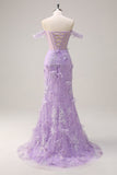 Lilac Mermaid Off the Shoulder Corset Appliqued Long Prom Dress with Slit